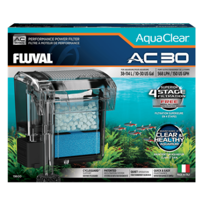 Filtro AquaClear AC 30 para aquários, embalagem azul, imagem do filtro e peixes