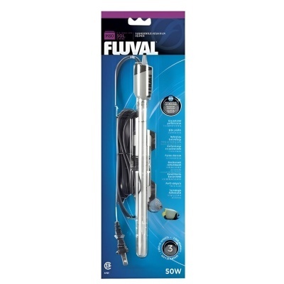 Aquecedor para aquário Fluval 50W na embalagem azul