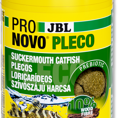 Embalagem amarela de alimento para peixe JBL PRO NOVO PLECO com texto e imagens de peixes