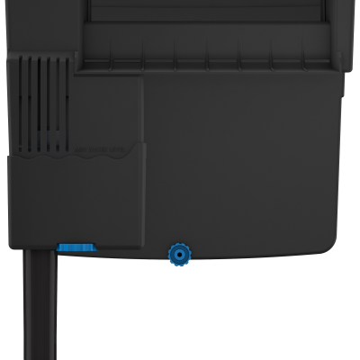 Reservatório de água em plástico preto com detalhes em azul e marcação MIN WATER LEVEL