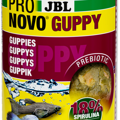 Embalagem amarela de comida JBL Pro Novo Guppy para guppies com texto e janela mostrando flocos