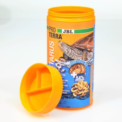 Embalagem cylindrical amarela e azul para alimento de tartarugas JBL Pro Terra