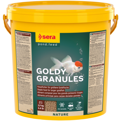 Balde amarelo com ração para peixes 'sera GOLDY GRANULES'