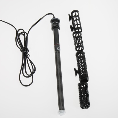 Aquecedor de aquário preto com suporte protetor em fundo branco