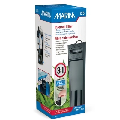 Embalagem do filtro submersível Marina i25 com texto e imagem do filtro cinza escuro