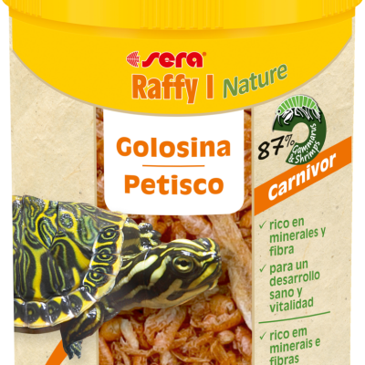 Recipiente amarelo de petiscos para tartaruga com tampa amarela e texto em espanhol e português.