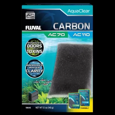 Embalagem do filtro de carvão ativado Fluval AquaClear, espuma preta, com texto e imagens coloridas de aquário