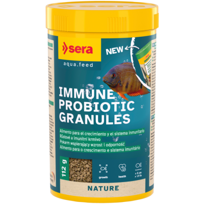 Pote plástico amarelo de ração para peixes com rótulo azul e bege