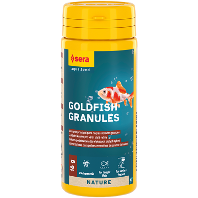 Frasco amarelo de alimento para peixes Goldfish Granules da marca sera