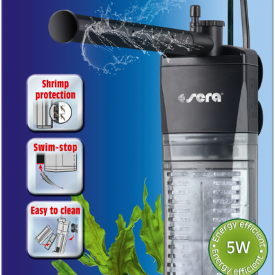 Filtro de aquário Sera X-Edge 450 preto e transparente com borda vermelha e amarela na embalagem