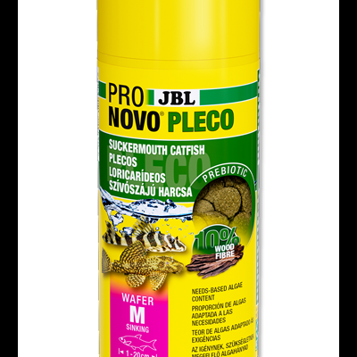 Embalagem amarela de ração JBL PRO NOVO PLECO para bagres, com imagens de peixes e texto multilingue