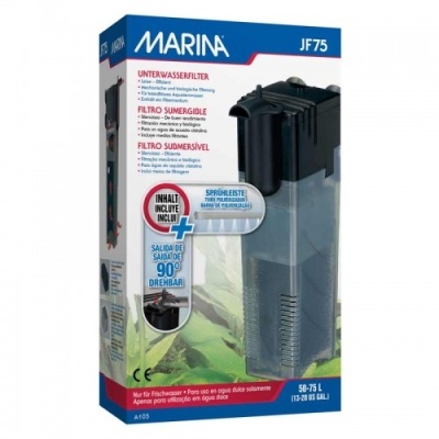 Embalagem do filtro submersível MARINA JF75 para aquários, com texto descritivo e imagem do produto