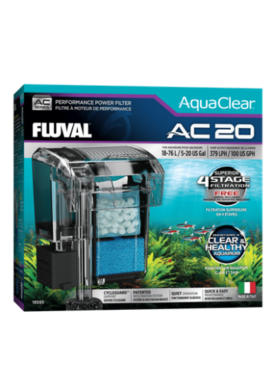 Filtro de aquário Fluval AC 20 em embalagem azul e preta com texto informativo e imagem do filtro