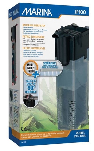 Filtro submersível Marina JF100 em embalagem com texto multilíngue