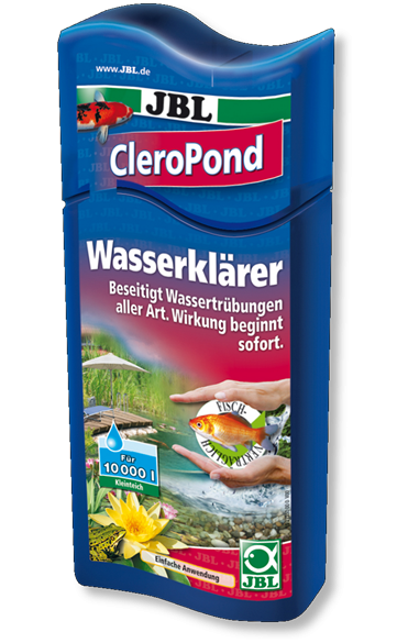 Frasco azul do produto CloroPond Wasserklärer da JBL com texto em alemão e imagem de lago