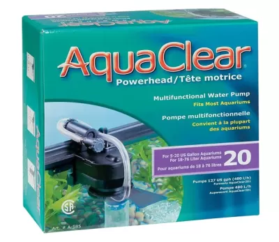 Caixa do produto AquaClear Powerhead para aquários, caixa verde azulada com texto e imagem do produto