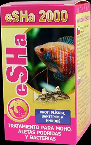 Embalagem rosa e amarela do produto eSHa 2000 para tratamento de mofo e bactérias em peixes.