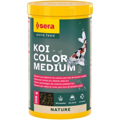 Embalagem amarela de ração Koi Color Medium com imagem de peixe koi e texto em várias línguas