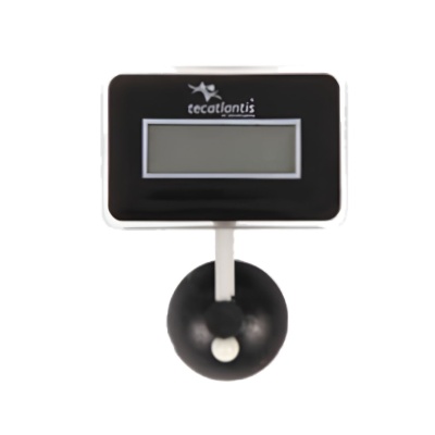 Ecrã digital preto com logótipo tecatlantis num suporte preto cónico