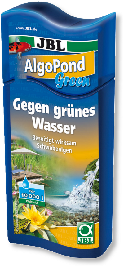 Frasco azul do produto JBL AlgoPond Green contra água verde com texto e imagem de lago