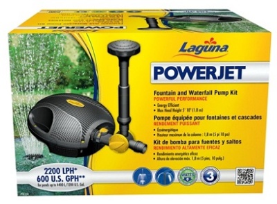 Embalagem do kit bomba de fonte e cascata Laguna PowerJet com especificações e imagem do produto