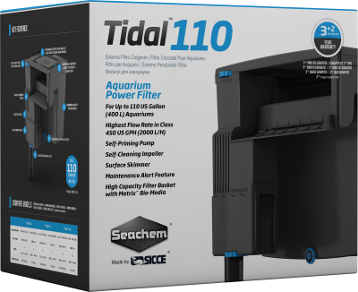 Embalagem do filtro externo para aquários Tidal 110 da Seachem preta e azul