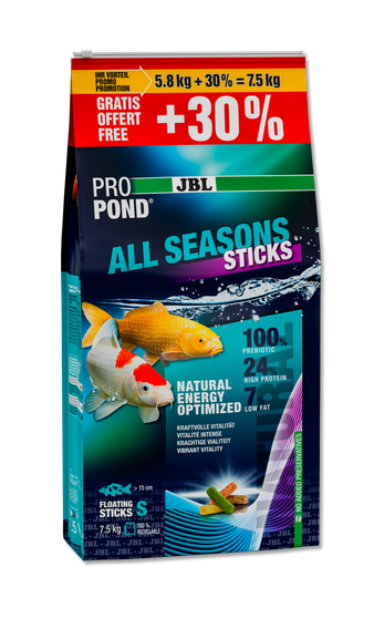 Saco de ração para peixes ProPond All Seasons Sticks colorido com peixes na embalagem