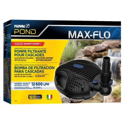 Caixa da bomba de filtração para cascatas Fluval Pond Max-Flo com texto e imagem de cascata