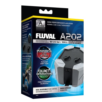 Caixa da bomba de ar Fluval A202 para aquários com design azul e preto.