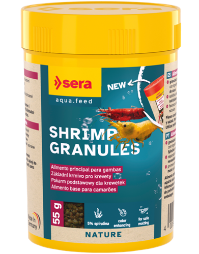 Embalagem amarela de Sera Shrimp Granules para alimentação de gambas.