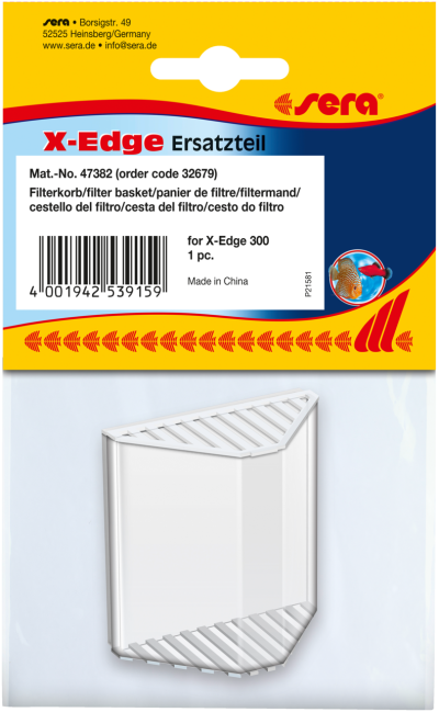 Cesta de filtro branca translúcida Sera X-Edge para aquário em embalagem