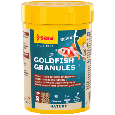 Recipiente amarelo de alimento para peixes dourados grandes Sera Goldfish Granules