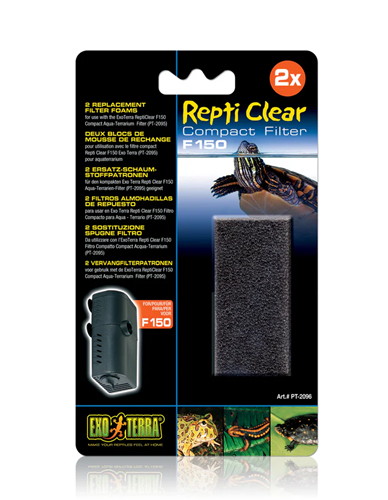 Embalagem de filtros esponjas Repti Clear F150 com texto e imagens de animais
