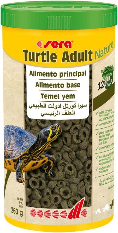 Embalagem de alimento para tartarugas adultas Sera Turtle Adult Nature com pellets visíveis e imagem de tartaruga