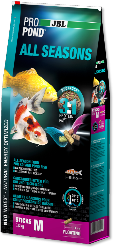 Embalagem de alimento para peixe JBL PRO POND ALL SEASONS com imagens de peixes koi e texto descritivo