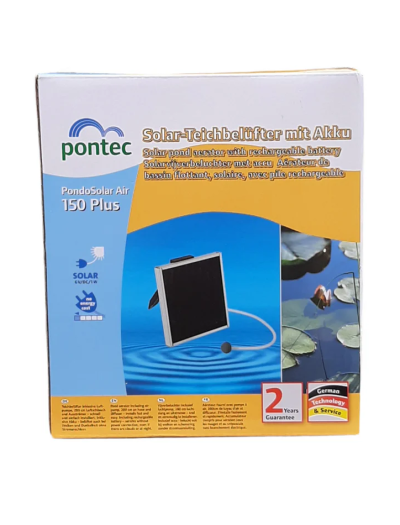 Embalagem do arejador solar para lagoa Pontec PondoSolar Air 150 Plus com texto em várias línguas