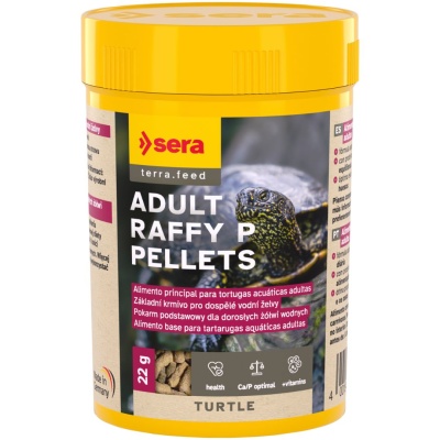 Recipiente amarelo com rótulo de comida para tartarugas adultas da marca Sera.