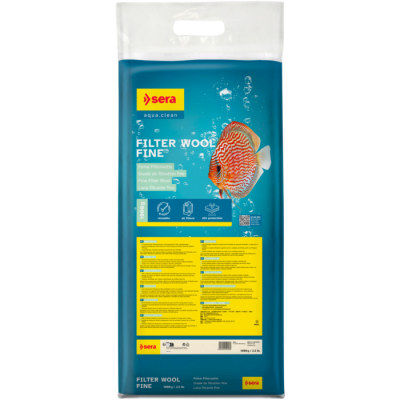 Pacote azul de lã filtrante fina para aquário da marca Sera com imagem de peixe e texto amarelo