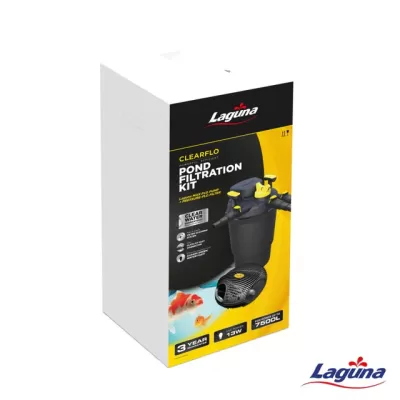 Embalagem do kit de filtração para lago Laguna ClearFlo Pond Filtration Kit com filtro preto e amarelo
