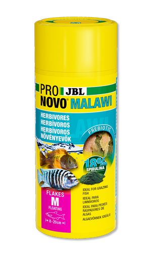Recipiente amarelo de comida para peixes JBL Pro Novo Malawi com imagens de peixes e texto informativo
