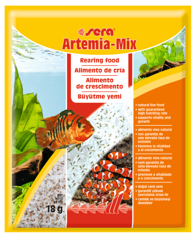 Pacote de alimento para peixes Sera Artemia-Mix em amarelo e laranja com imagens de peixes e texto multilíngue