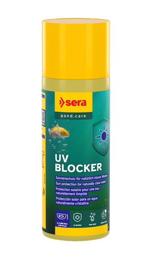 Frasco de UV BLOCKER da sera pond.care com tampa amarela e rótulo verde e azul