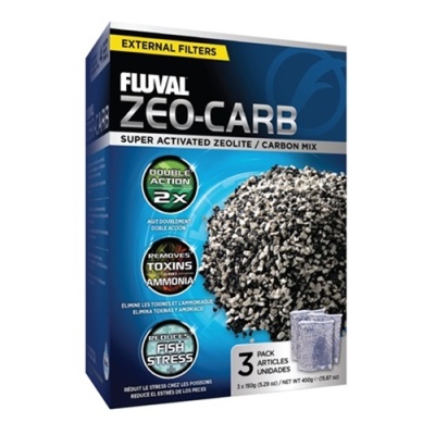 Caixa de filtro Fluval ZEO-CARB azul com imagem de grãos pretos e brancos