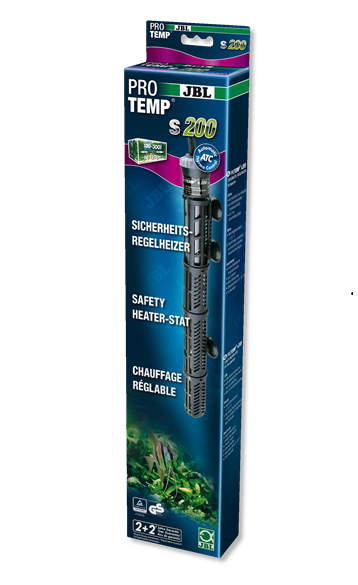 Embalagem de termóstato de aquário JBL Pro Temp S 200 azul com dispositivo preto e plantas aquáticas