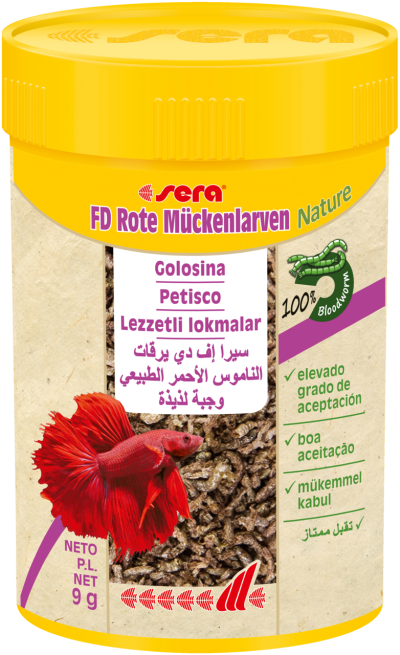 Embalagem amarela de ração para peixe com texto multilingue e imagem de peixe vermelho