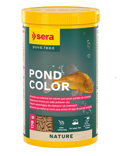 Embalagem amarela de alimento para peixes Sera Pond Color com rótulo verde e imagem de peixe dourado