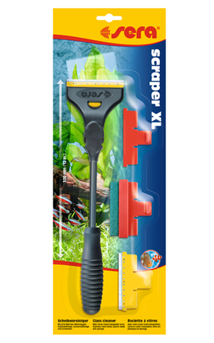 Raspador de vidro sera scraper XL com cabo preto e lâminas vermelhas em embalagem amarela e azul