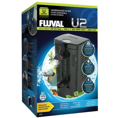 Embalagem de filtro de aquário Fluval U2 preto com detalhes em azul e amarelo