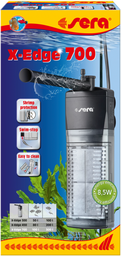 Embalagem do filtro Sera x-Edge 700 para aquário, com texto e ícones explicativos e imagem do produto.