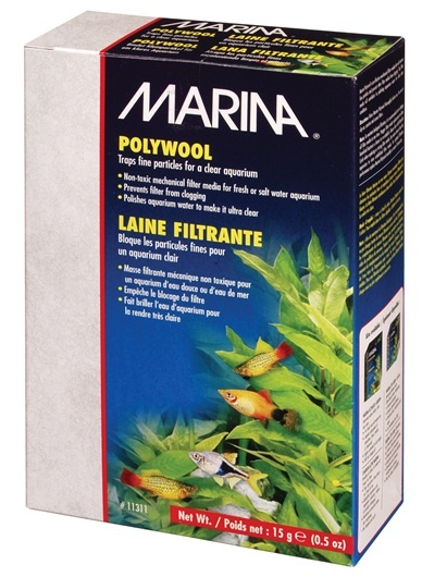 Embalagem do produto Marina Polywool para filtragem de aquários com imagens de peixes e plantas aquáticas